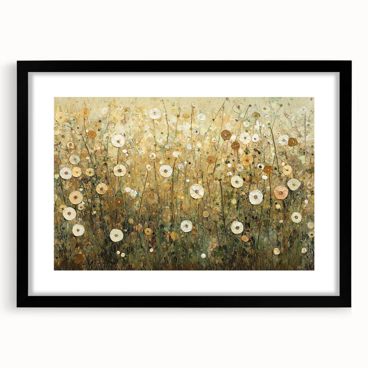 Abstract floral design in a black frame with a mat, showcasing vibrant colors and intricate patterns, perfect for modern home decor. Ideal for enhancing living spaces.