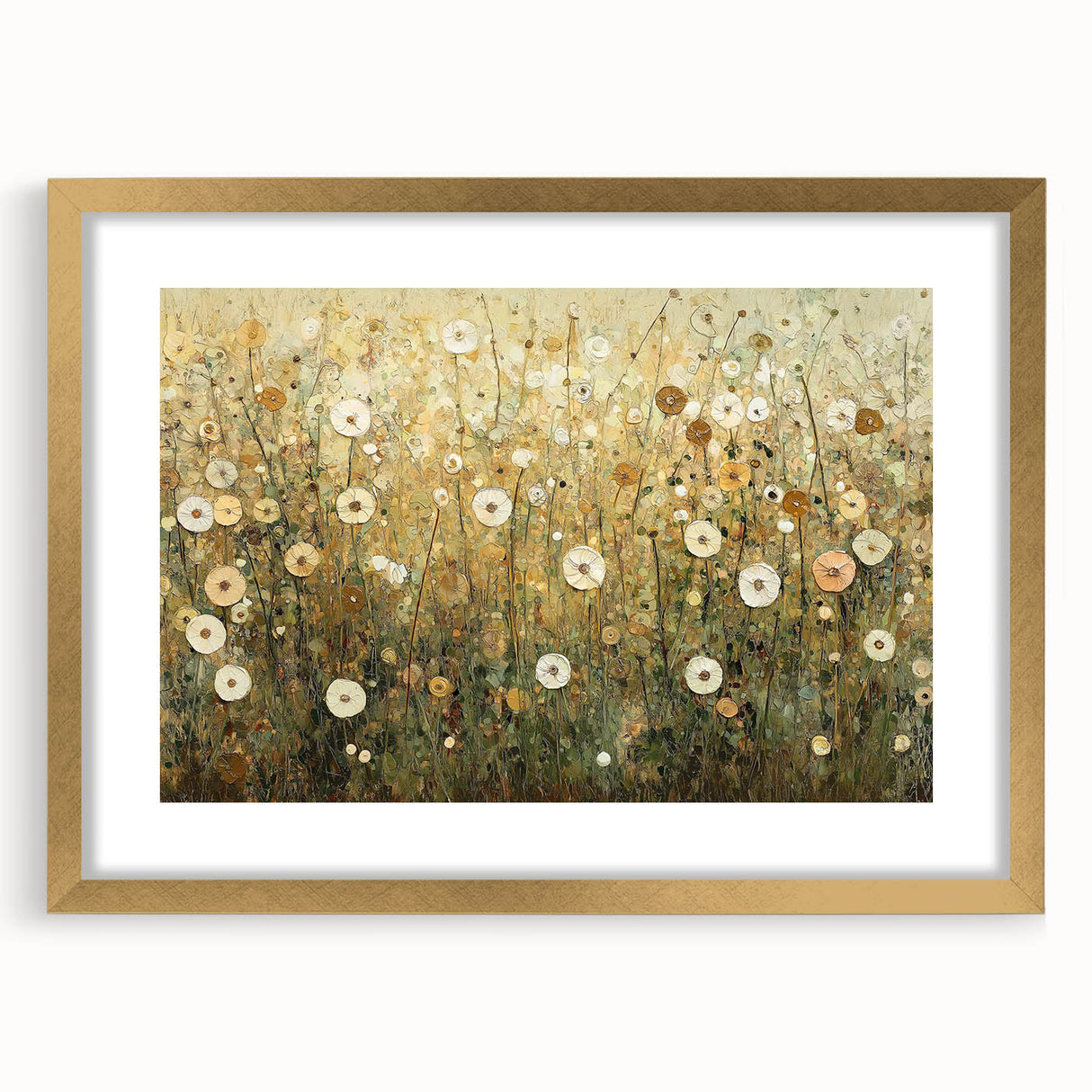 Elegant abstract floral frame with a gold mat, showcasing intricate flower patterns and a modern design, perfect for home decor or art display.