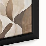 Close-up of an abstract minimalist wall art framed canvas showcasing soft earth tones with geometric shapes, perfect for modern home decor enhancement.