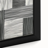 Close-up view of a framed abstract minimalist wall art piece showcasing soft pastel colors and geometric shapes, perfect for modern home decor. The canvas texture adds depth, enhancing its visual appeal.