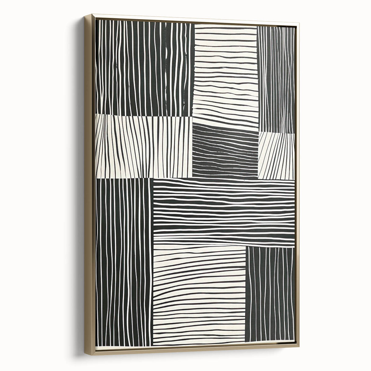 Framed abstract minimalist wall art featuring a gold design on a sleek canvas, viewed from the side, perfect for modern home decor and stylish interiors.