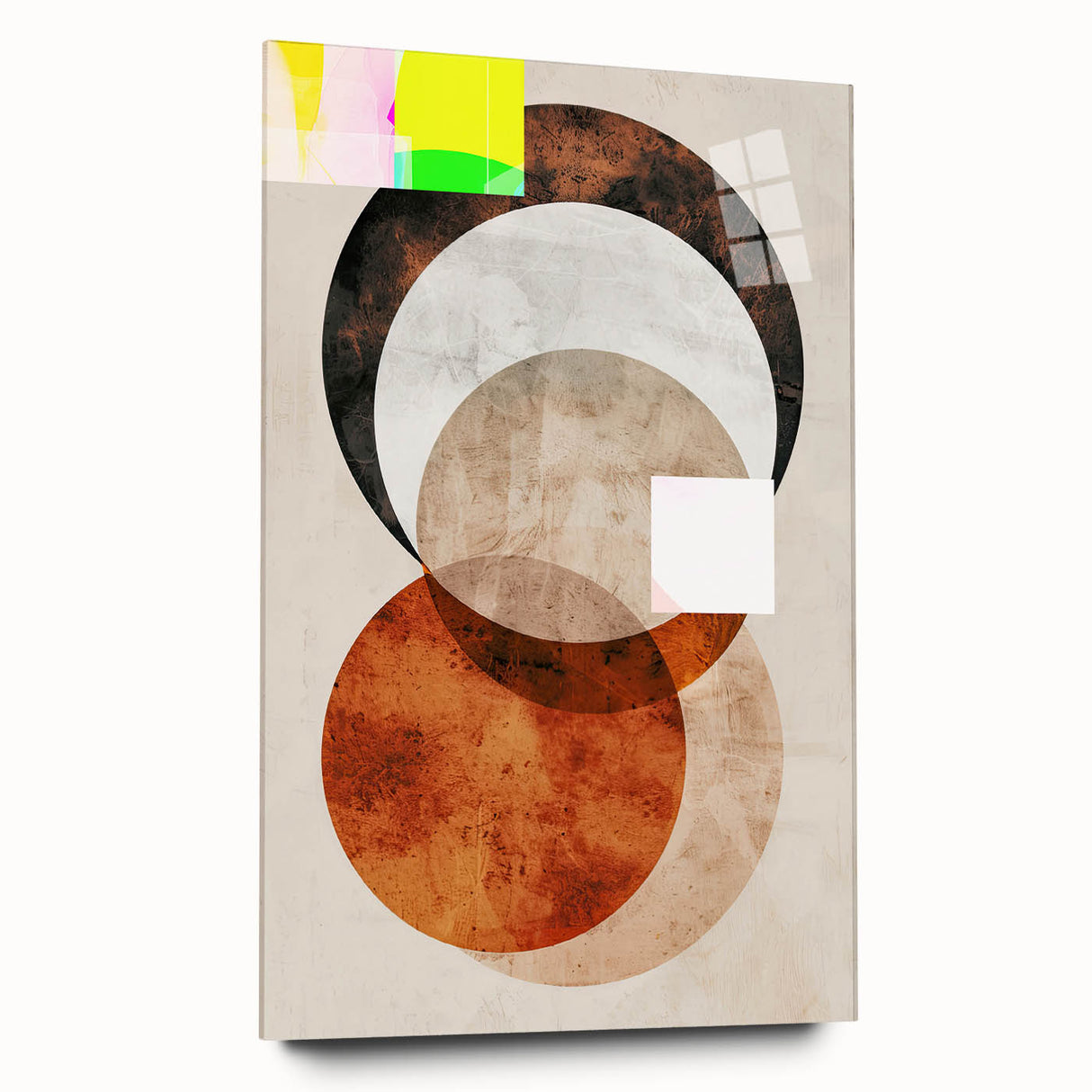 Abstract minimalist wall art displayed in a sleek acrylic glass frame, showcasing a side view to highlight its modern design and elegant aesthetic, perfect for contemporary decor.