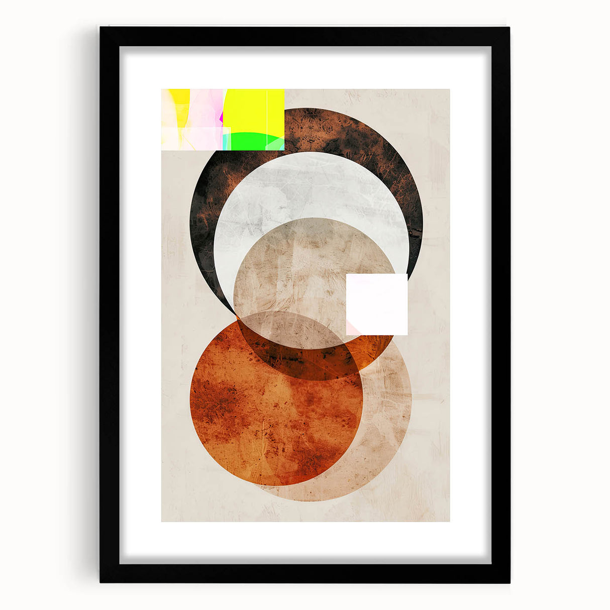 Abstract minimalist wall art framed in black, featuring geometric shapes and muted colors, designed to enhance modern interior decor. Perfect for adding a stylish touch to any room.