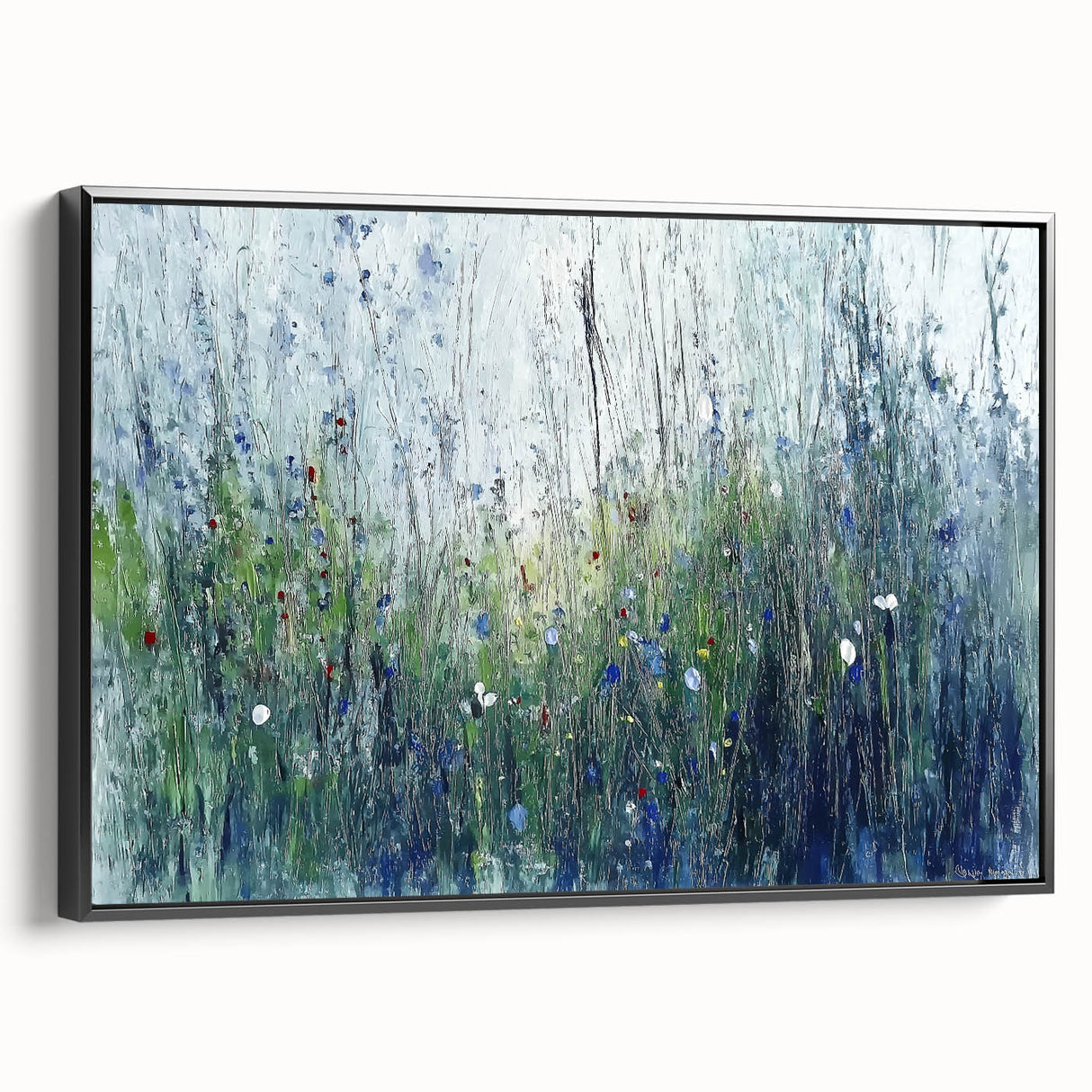 Framed canvas artwork showcasing an abstract floral design in vibrant colors, presented from a side view against a black background, ideal for modern decor.