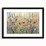 Abstract floral artwork framed in a sleek black mat, showcasing vibrant colors and intricate designs, ideal for modern home decor or art enthusiasts.