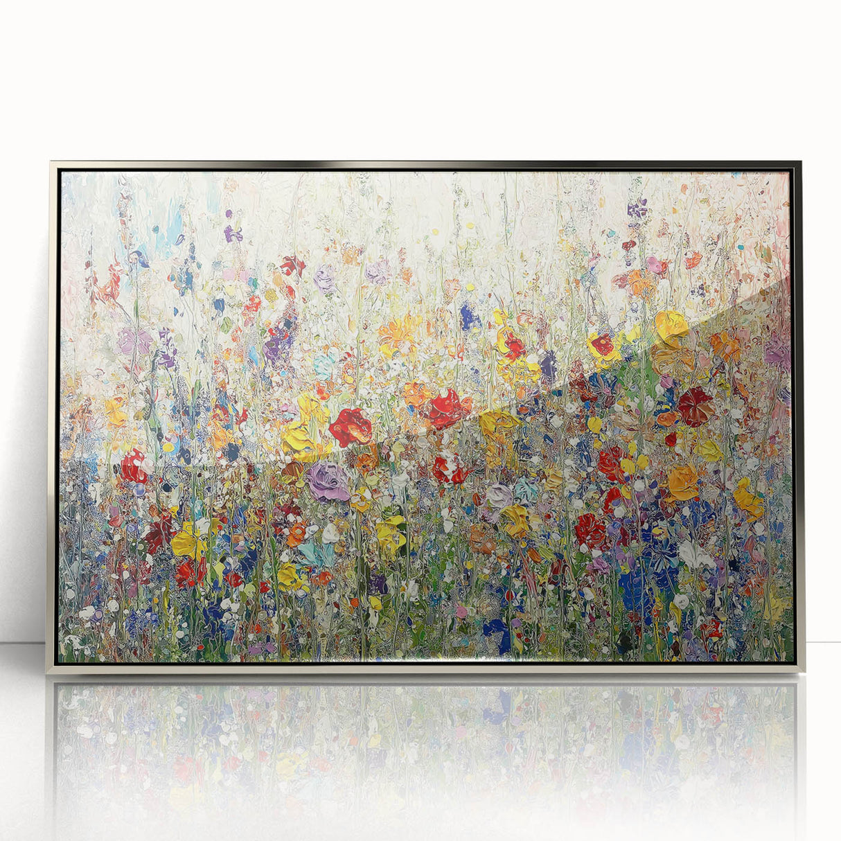 Framed acrylic artwork showcasing an abstract floral design in vibrant colors, displayed in a sleek silver frame, perfect for modern home decor.