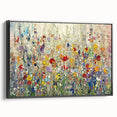 Framed canvas artwork showcasing a vibrant abstract floral design in a black frame, viewed from the side. Ideal for modern home decor and wall aesthetics.