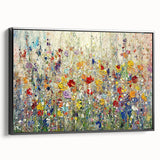 Framed canvas artwork showcasing a vibrant abstract floral design in a black frame, viewed from the side. Ideal for modern home decor and wall aesthetics.
