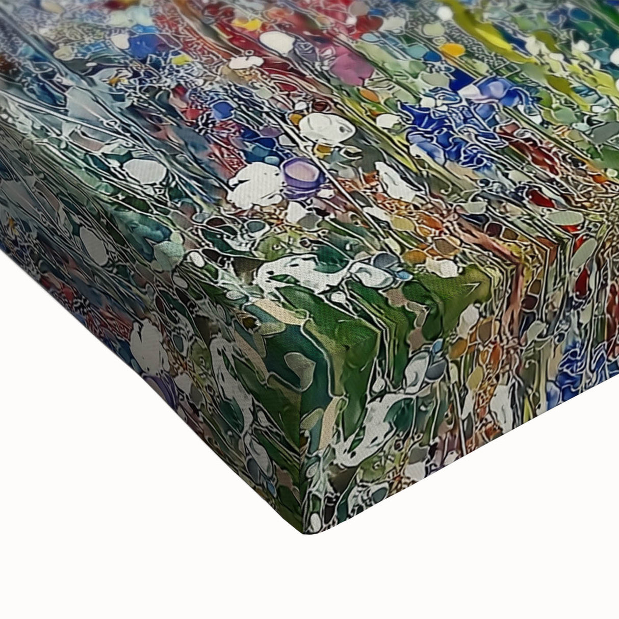 Close-up of a vibrant abstract floral design on stretched canvas, showcasing intricate brush strokes in shades of blue, pink, and gold, perfect for modern home decor.