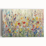 Vibrant abstract floral design on stretched canvas, showcasing bold colors like teal, pink, and gold, perfect for modern home decor as a statement piece.
