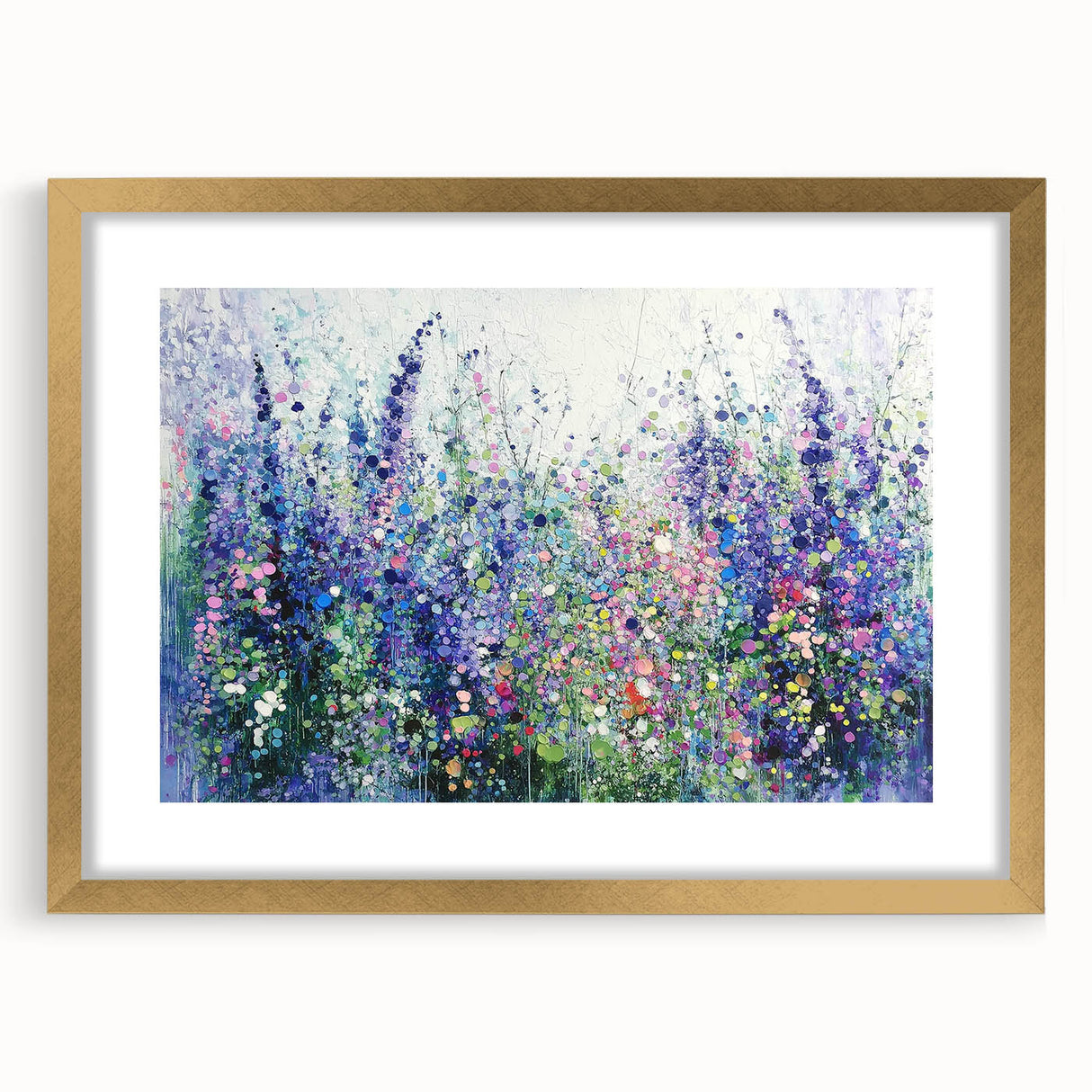 Abstract floral frame art with a gold mat, showcasing vibrant colors and intricate details, perfect for enhancing modern home decor. Ideal for art enthusiasts seeking stylish wall decor.