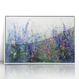 Framed acrylic artwork showcasing vibrant abstract florals in shades of pink, blue, and green, designed to enhance modern home decor with a fresh, artistic touch.