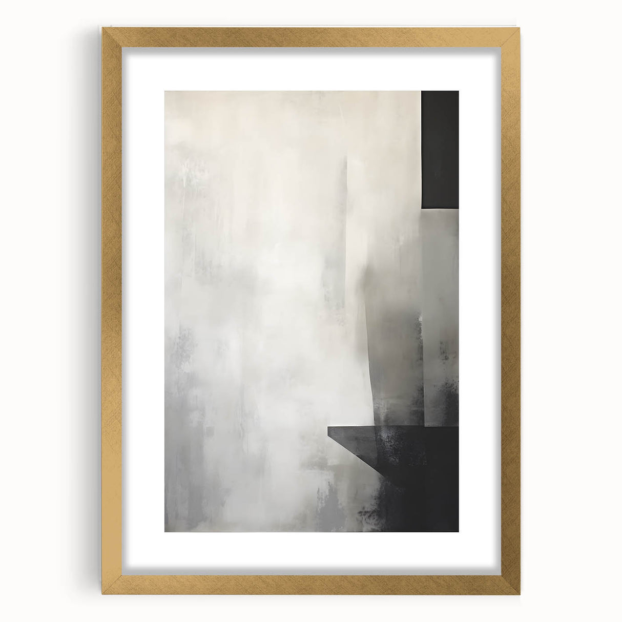 Abstract minimalist wall art framed in gold with a mat, showcasing geometric shapes and soft colors, perfect for modern home decor. Ideal for adding elegance to living spaces.