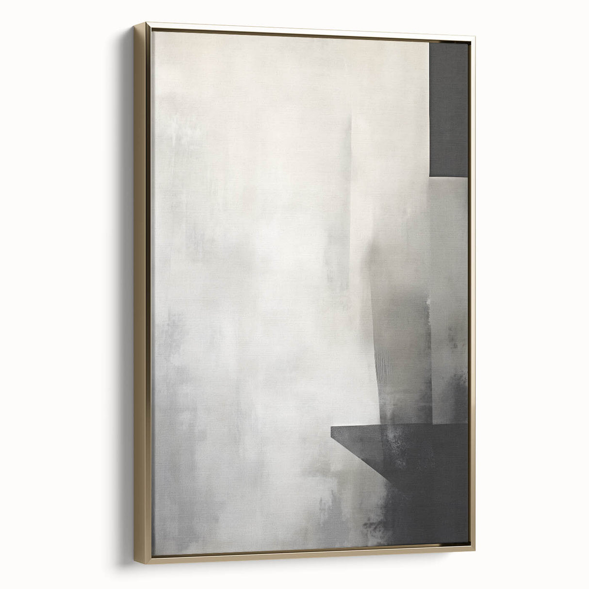 Framed abstract minimalist wall art featuring gold accents, displayed from the side to highlight its sleek design, perfect for modern home decor.