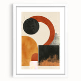 Abstract minimalist wall art framed in white, showcasing soft geometric shapes and muted colors, perfect for modern home decor. The piece features a delicate mat enhancing its elegance, ideal for adding a contemporary touch to living spaces.