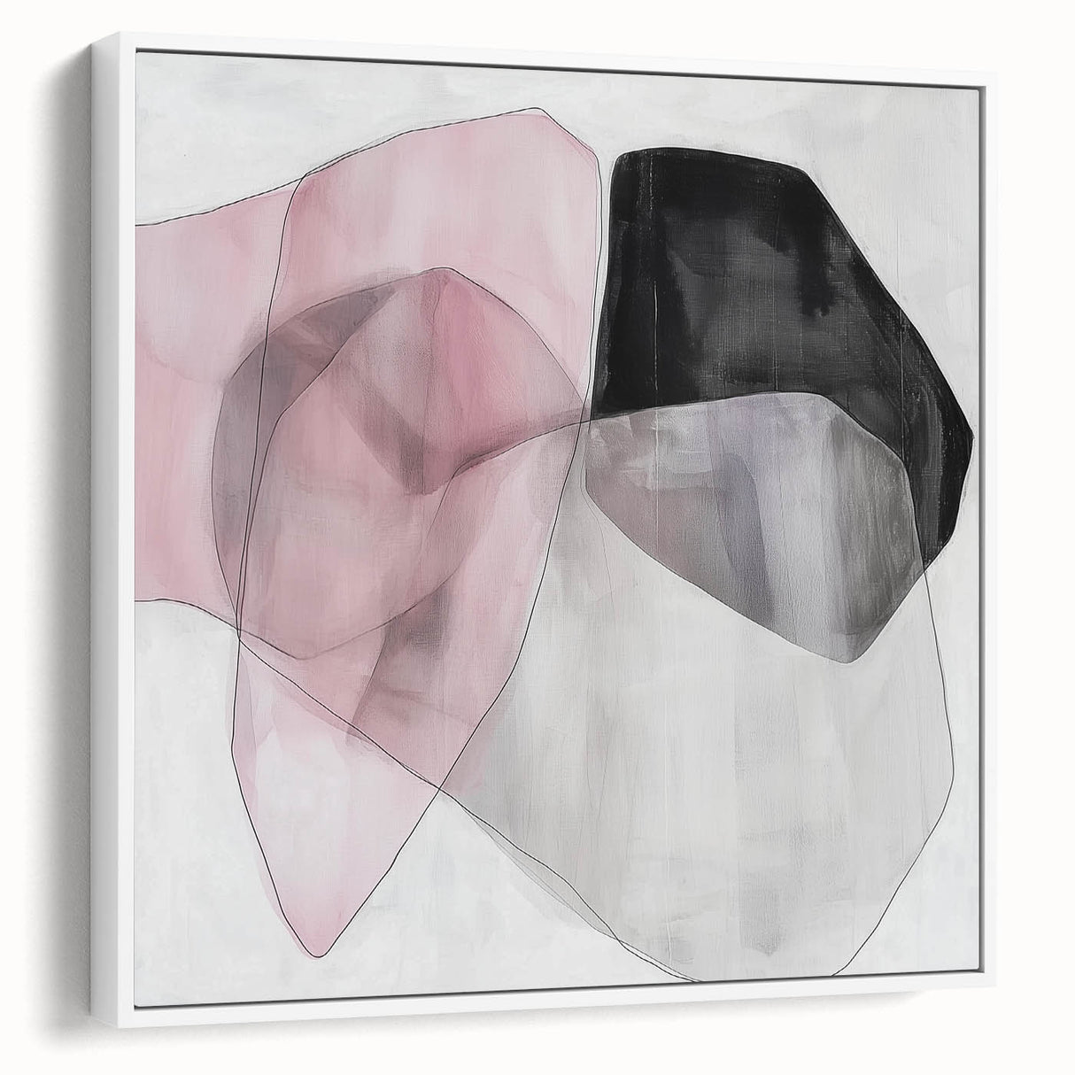 Large Abstract Wall Art – Soft Pink, Black & Gray Overlap Canvas