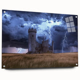 Acrylic glass artwork showcasing a vibrant landscape with a castle, displayed from the side with decorative pins, ideal for enhancing home decor aesthetics.