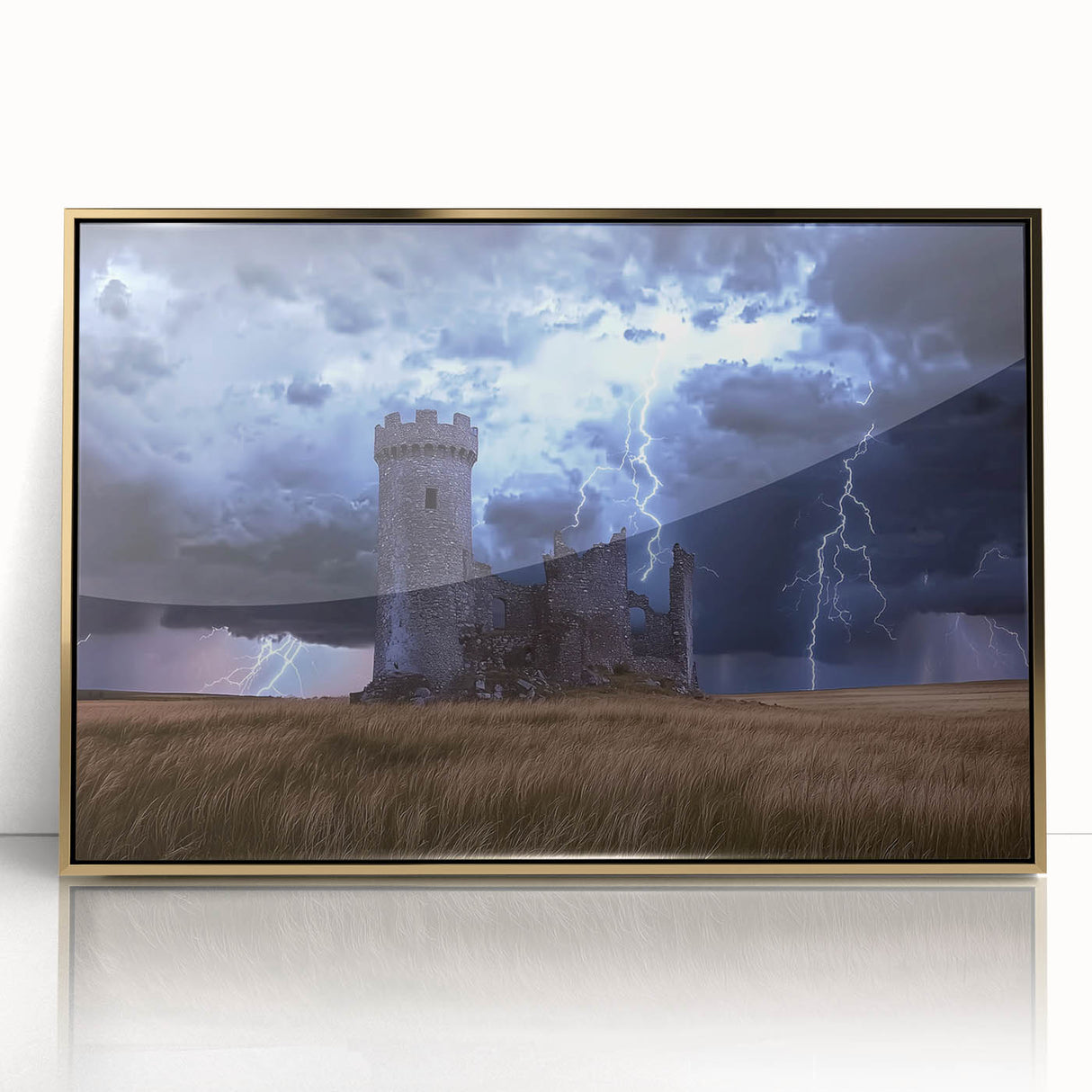 Framed acrylic artwork showcasing a stunning landscape with a majestic castle, highlighted by a gold frame, perfect for enhancing home decor and art collections.
