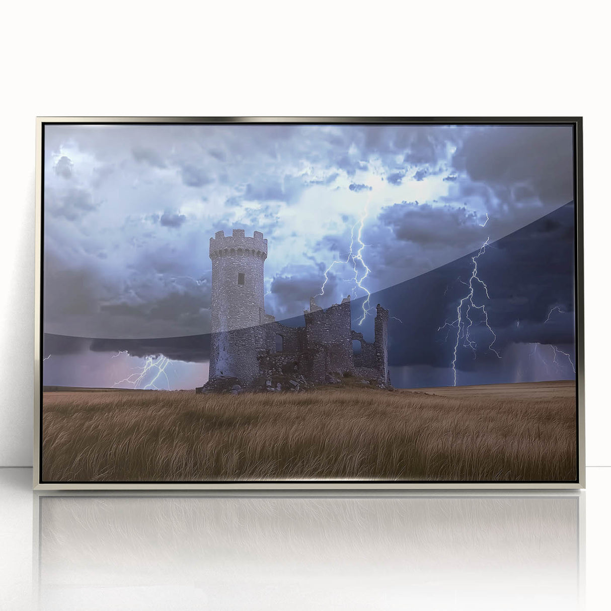 Framed acrylic artwork showcasing a stunning landscape with a castle, featuring silver accents and a sleek modern design, ideal for home decor.