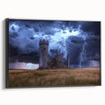 Framed canvas art featuring a serene landscape with a majestic castle, presented in a sleek black frame, showcasing intricate details and rich colors, perfect for home decor.