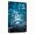 Acrylic glass art piece showcasing a vibrant landscape scene of caves, featuring intricate details and color variations, displayed in a side view with decorative pins.
