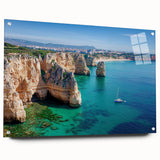 Acrylic landscape artwork showcasing vibrant cliffs and rolling hills, displayed in a sleek glass frame, with metal pins for secure mounting. Perfect for modern decor and nature enthusiasts.