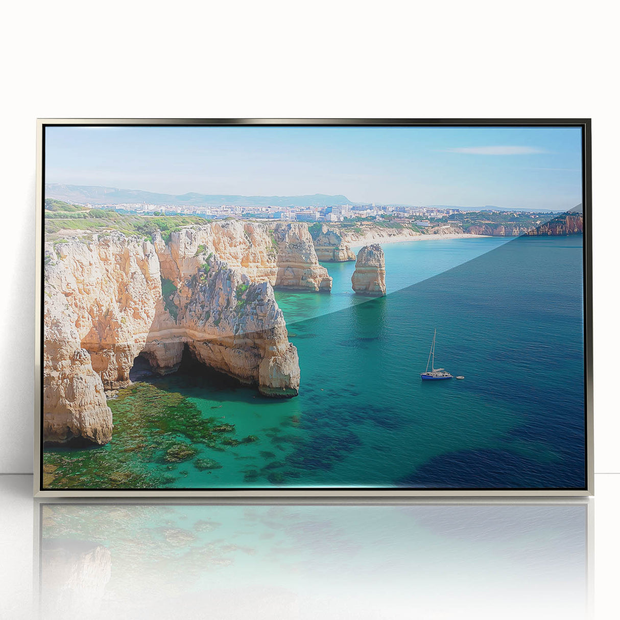 Framed acrylic artwork featuring a stunning landscape of dramatic cliffs with vibrant colors, designed to enhance modern home decor and evoke a sense of adventure.