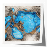 Glossy mockup of abstract splatter artwork showcasing vibrant colors of blue, pink, and yellow, ideal for modern home decor or art display.