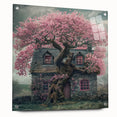 Acrylic print of abstract cottages in muted earth tones, suitable for bedroom or dining room decor.