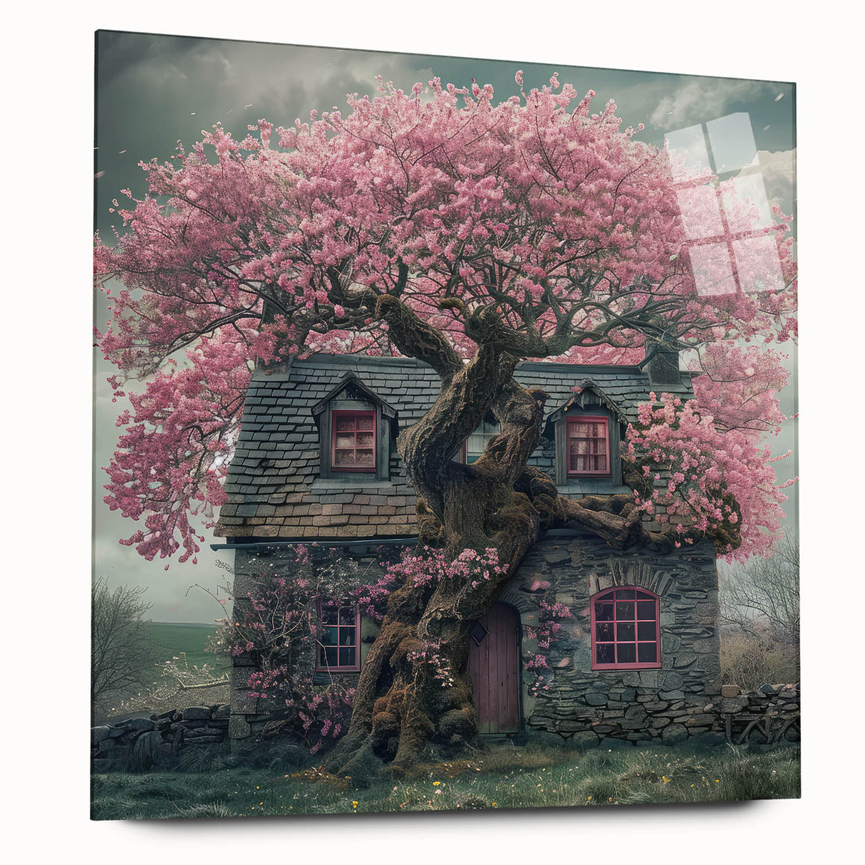 Large abstract wall art depicting modern architecture and cottages in muted earth tones, printed on acrylic glass.