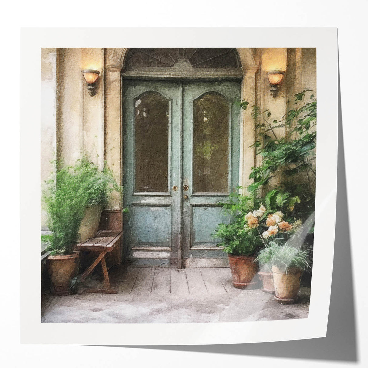 Extra large floral art on a glossy print, featuring an ornate French door, ideal for dining room wall decor.