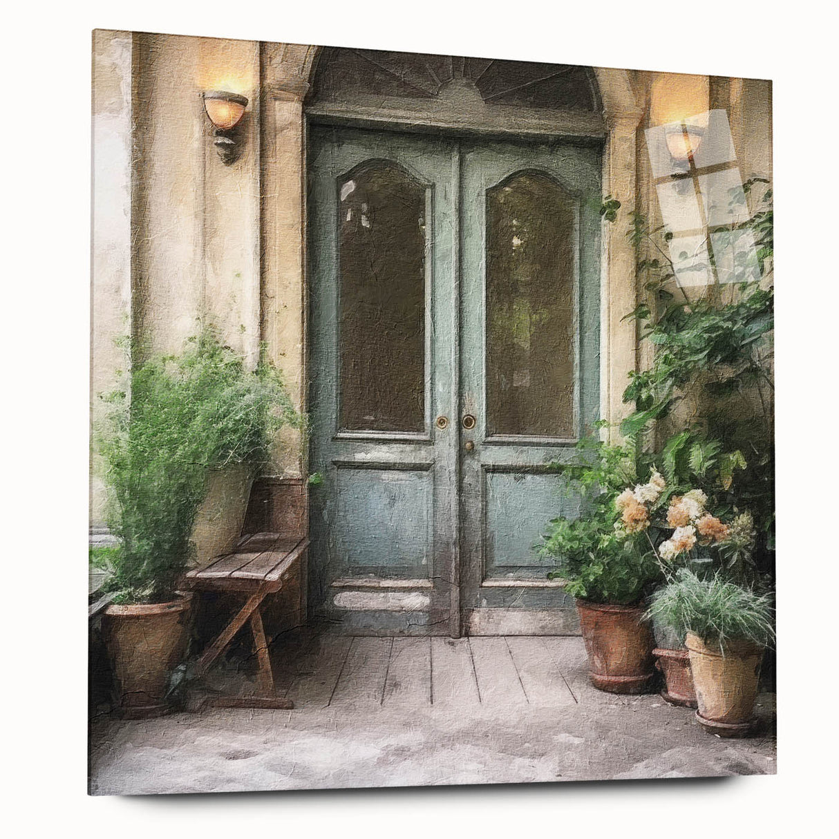 Large abstract acrylic print of a French door design in muted gray tones, ideal for bedroom or dining room art.