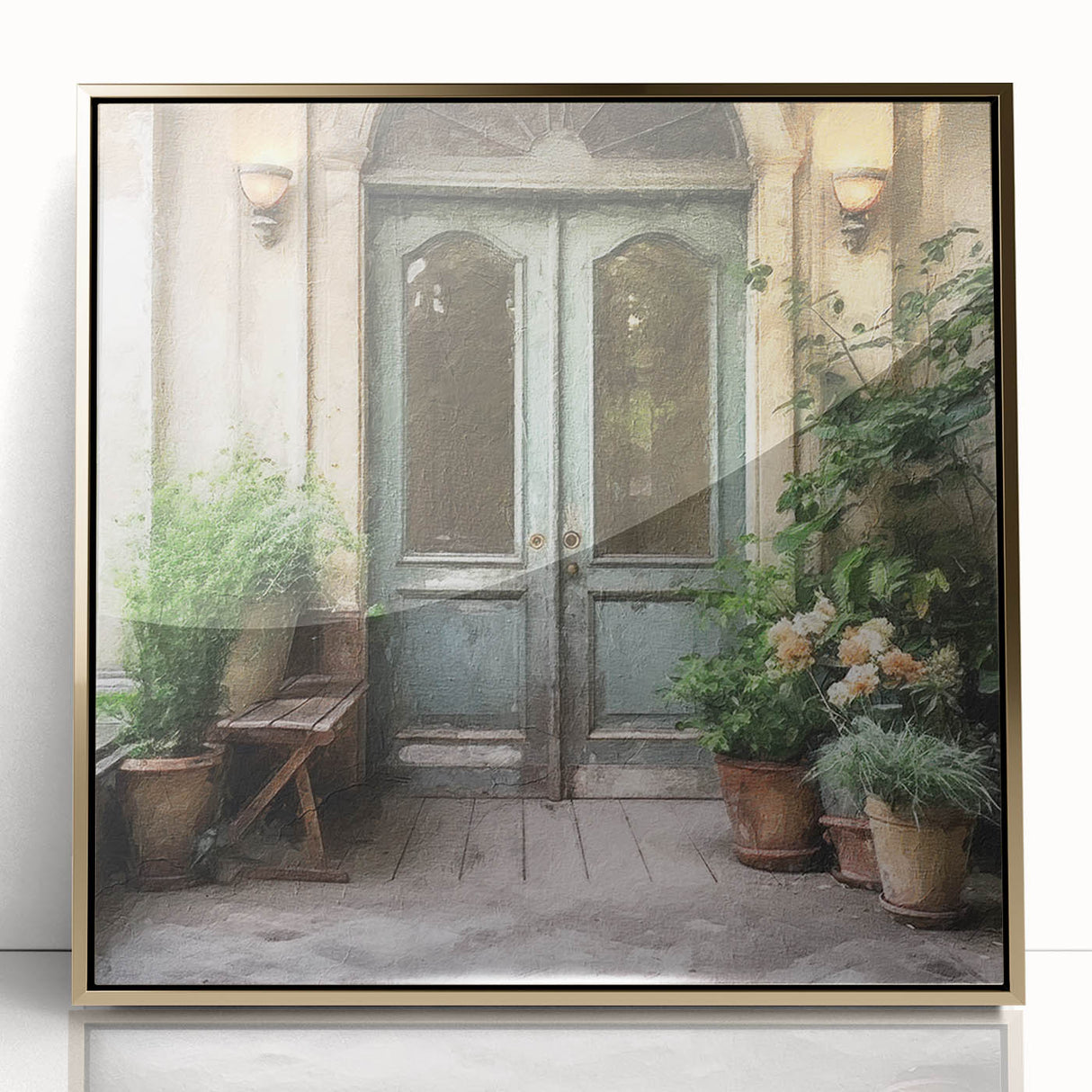 Mid-century modernist large art print of a French door design in gold tones on framed acrylic.
