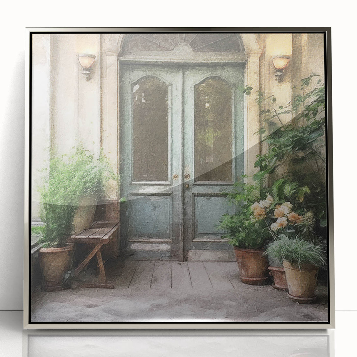 Mid-century modernist art of a French door in silver acrylic frame, subtle hues, ideal for nursery wall decor.