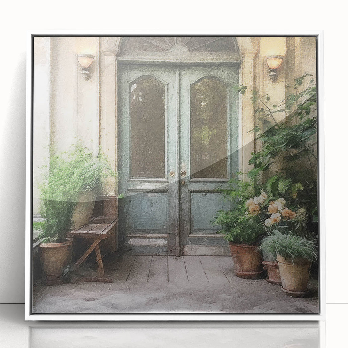 Art deco poster featuring a French door design in black and white tones, acrylic framed, suitable for modern nursery decor.