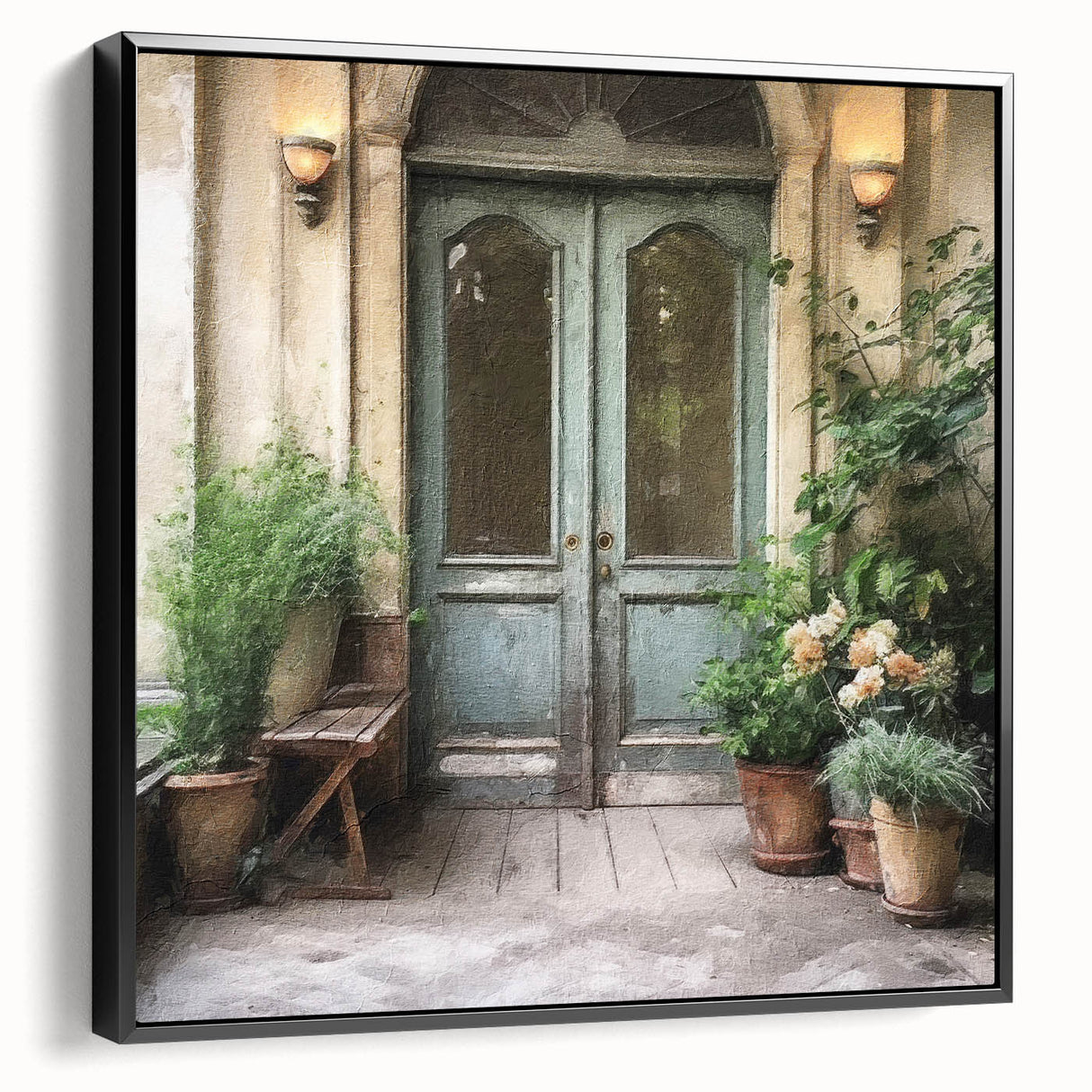 Black and white framed canvas featuring a vintage poster art of a French door, suitable for bedroom decor.