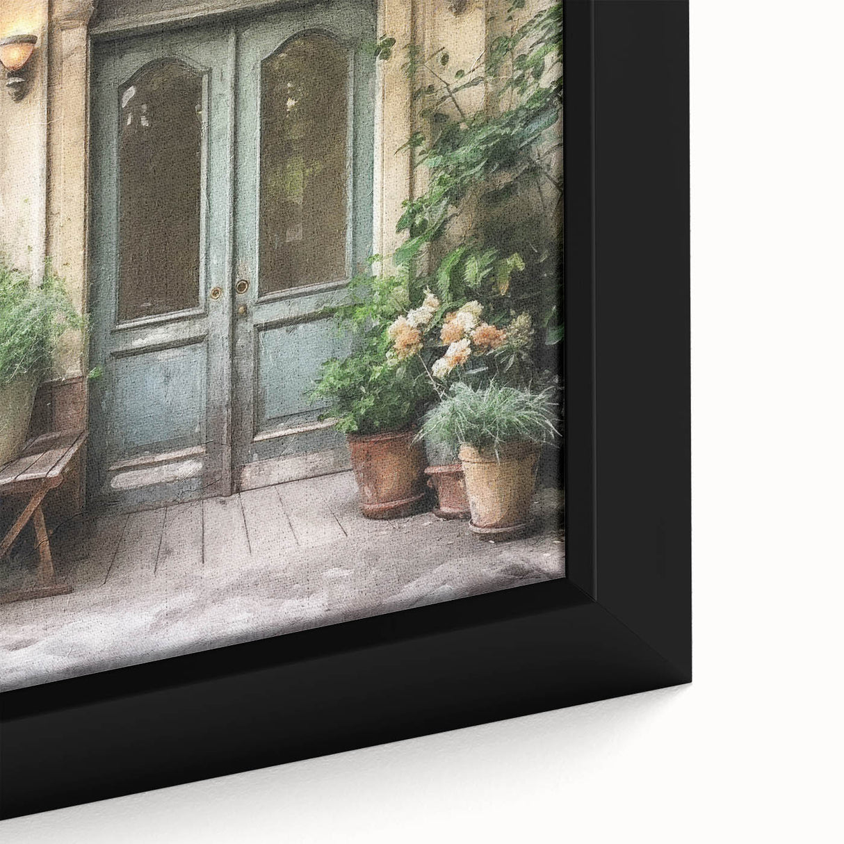 Extra large framed canvas featuring a close-up of a black, textured door with colorful, abstract designs.