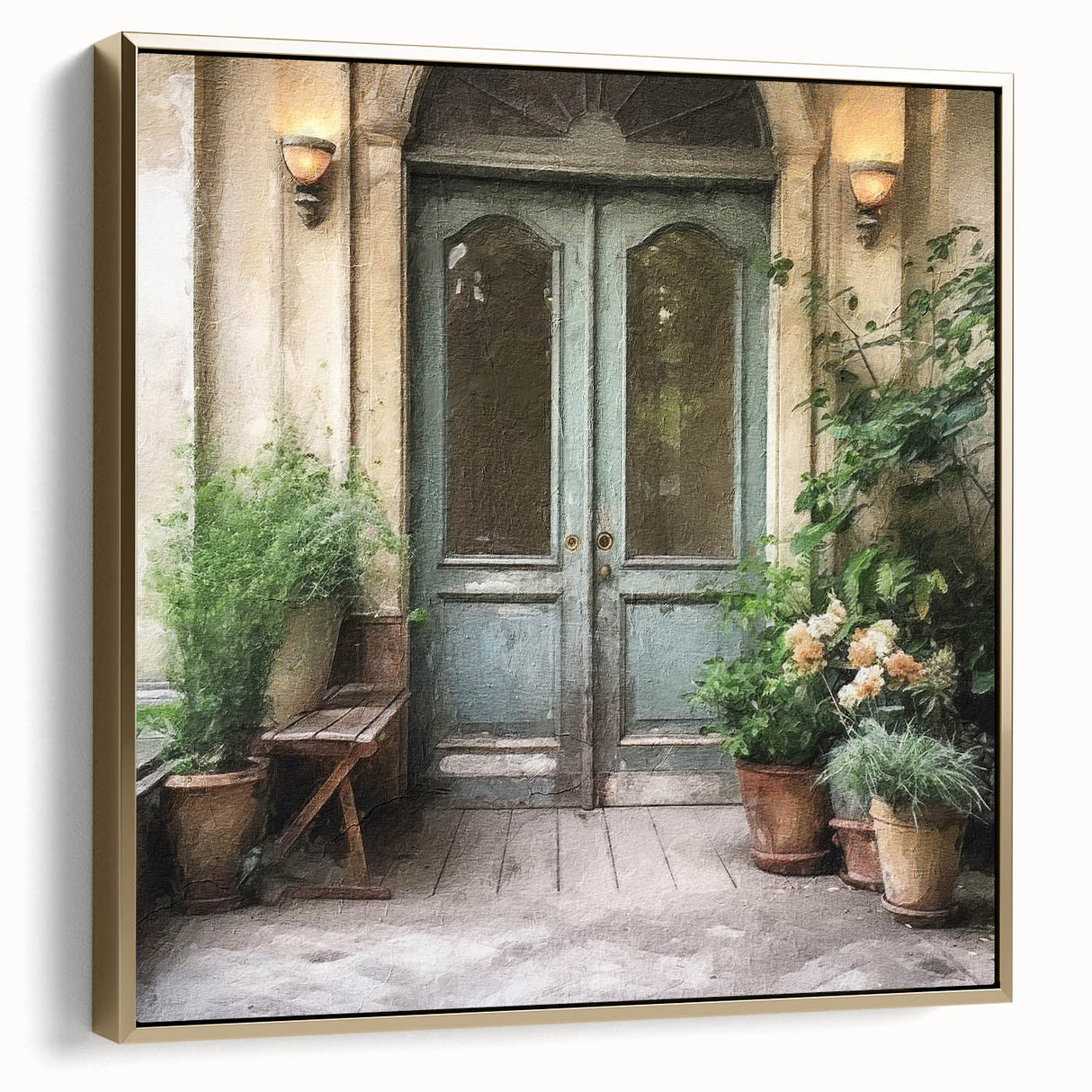 Vintage poster art of a French door in black and white on framed canvas, suitable for bedroom wall decor.