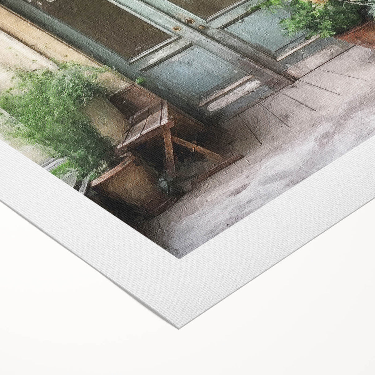 Art deco poster of a French door architecture on a rolled canvas, in muted earth tones, suitable for dining room wall art.