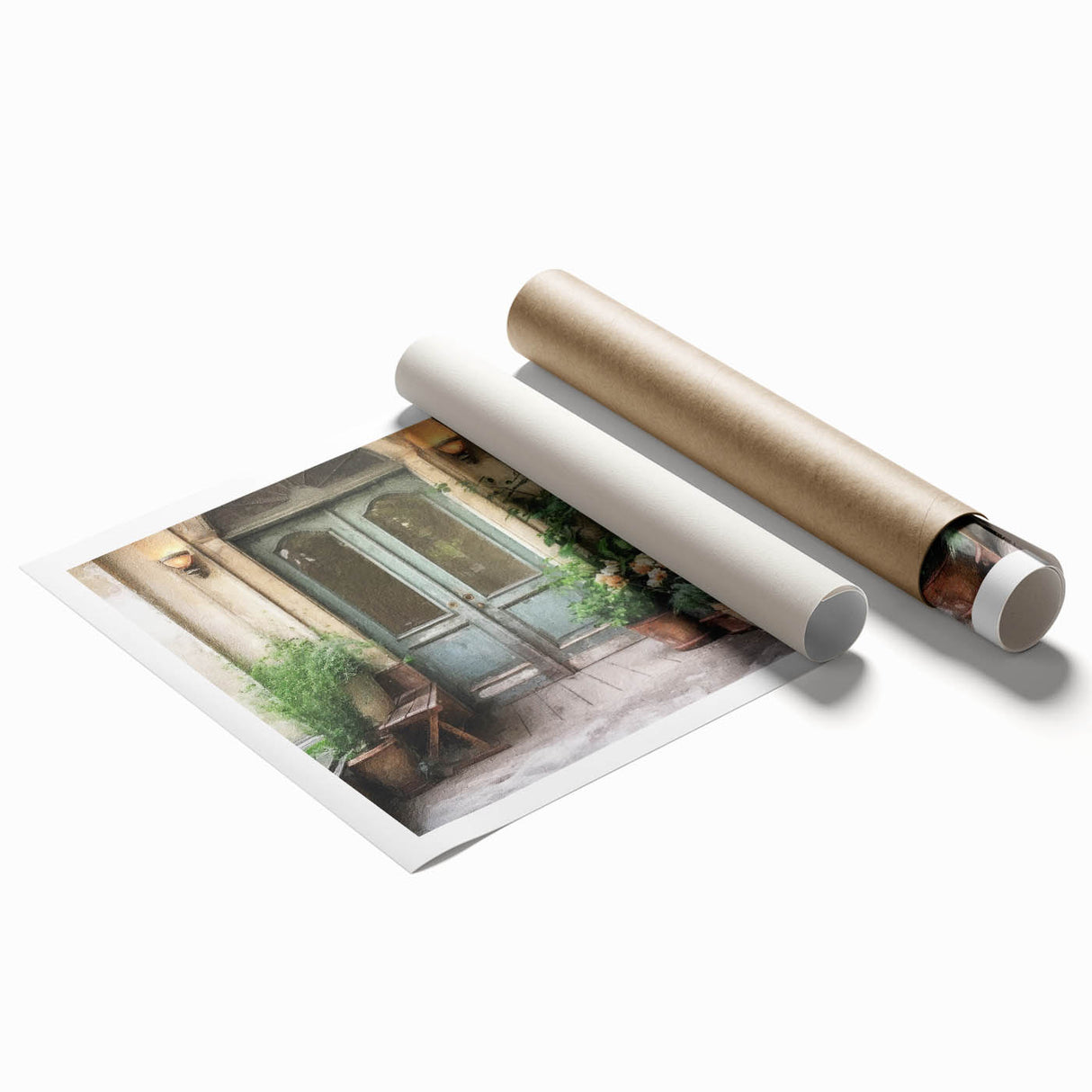 Extra large rolled print featuring a detailed floral design on a French door, in soft pastel shades.