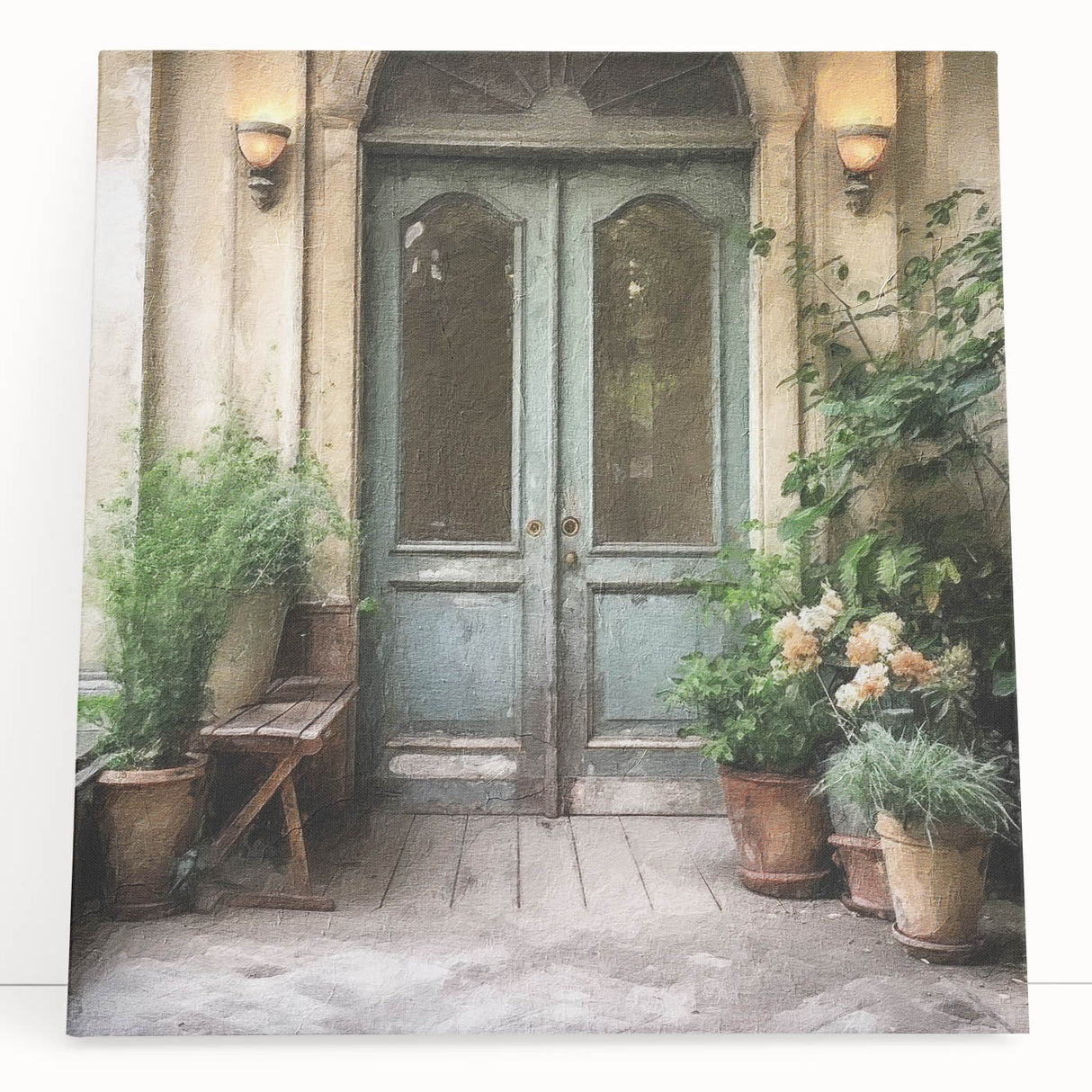 Large black and white photo of a French door on stretched canvas, suitable as kitchen wall art or bedroom decor.
