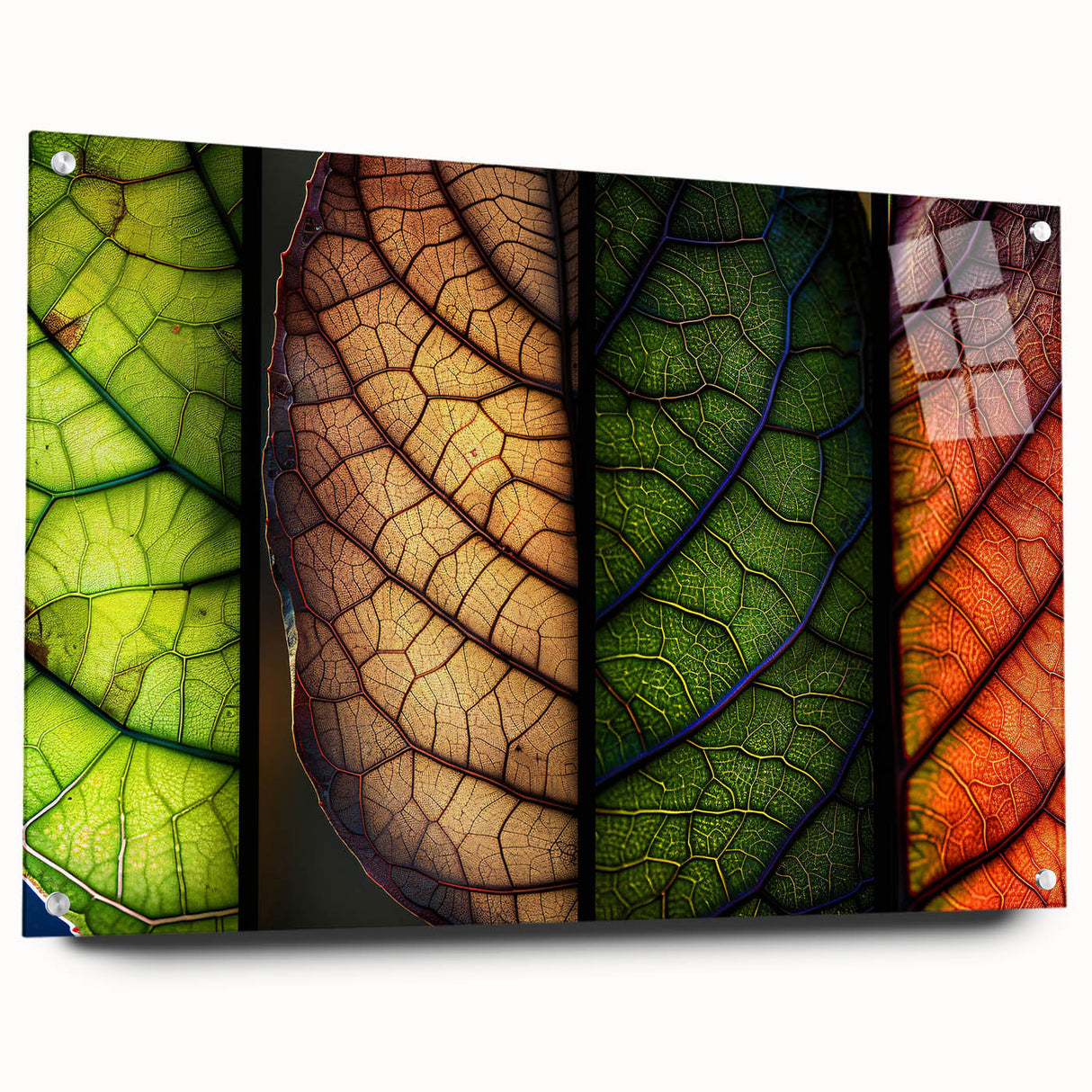 Vibrant floral and botanical wall art design printed on acrylic glass, showcasing intricate details with a side view perspective, elegantly displayed with pins.