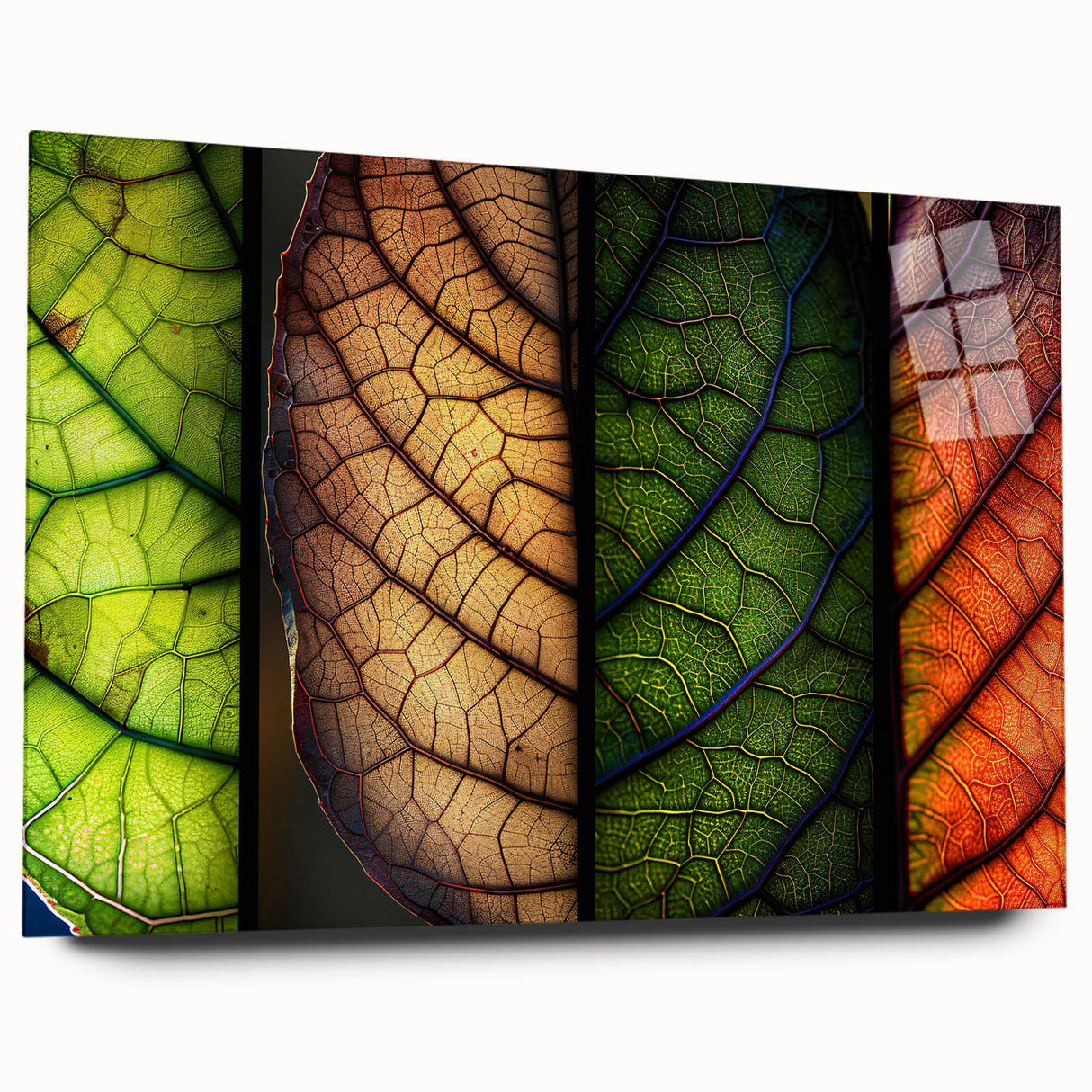 Acrylic wall art featuring a vibrant floral and botanical design with intricate leaves, displayed elegantly without pins from a side view, perfect for home decor.