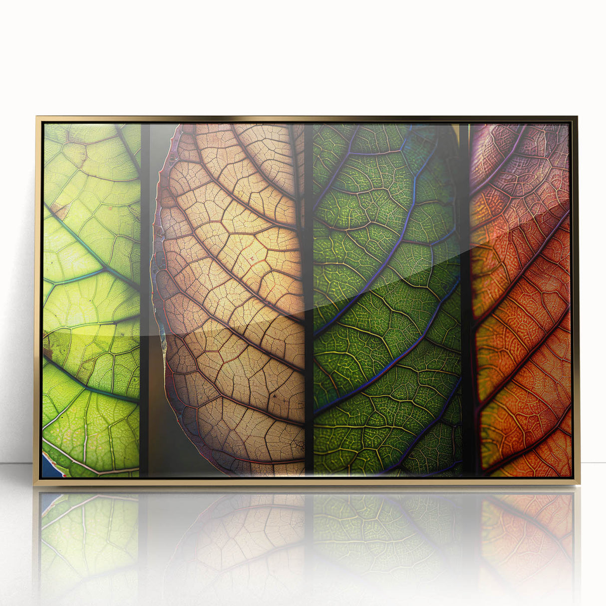 Framed wall art depicting vibrant flowers and botanical leaves with a gold-accented acrylic finish, ideal for modern home decor. Perfect for adding a touch of nature-inspired elegance to any room.
