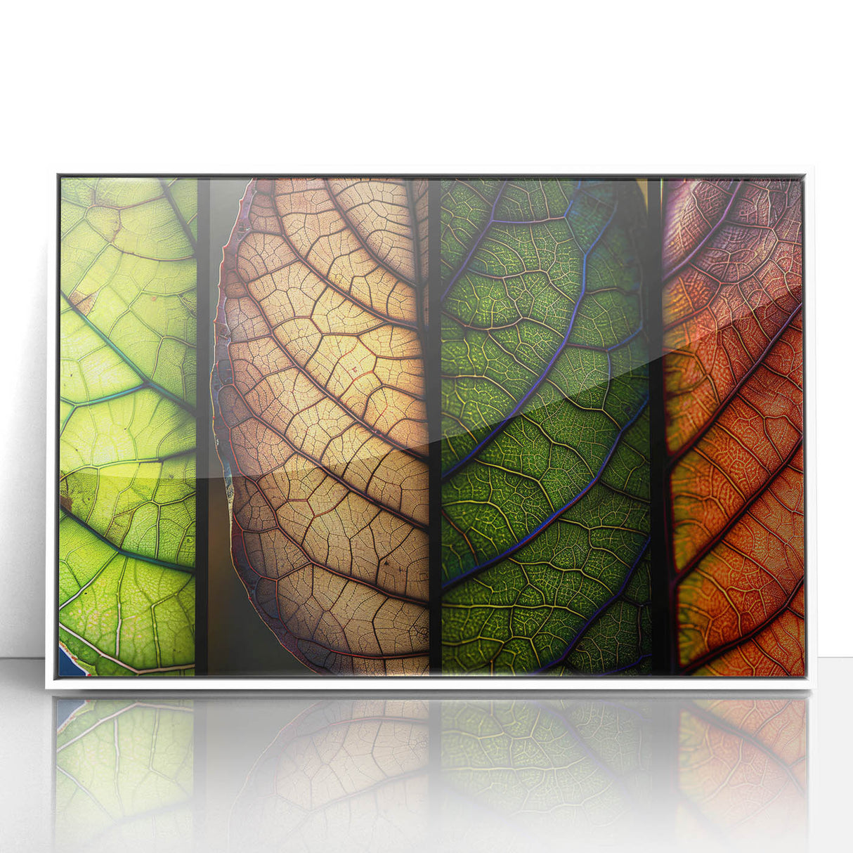 Framed acrylic wall art depicting vibrant flowers and botanical leaves in a modern design, set against a clean white background. Ideal for home decor.