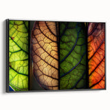 Framed canvas wall art showcasing a vibrant floral design with green leaves on a black background, viewed from the side, perfect for home decor.
