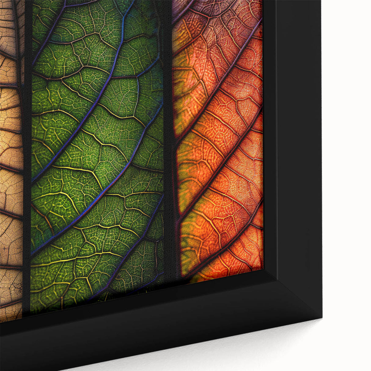 Close-up of a beautifully framed wall art canvas featuring a vibrant floral and botanical design, showcasing intricate details of colorful flowers and lush green leaves, perfect for home décor.