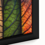 Close-up of a beautifully framed wall art canvas featuring a vibrant floral and botanical design, showcasing intricate details of colorful flowers and lush green leaves, perfect for home décor.