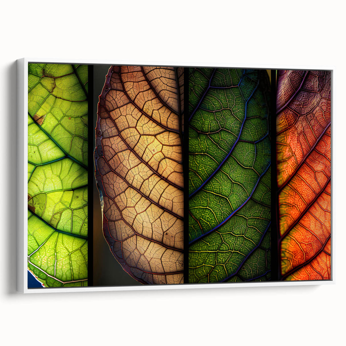 Framed canvas wall art featuring a vibrant floral and botanical design in various colors, displayed in a white frame from a side view, ideal for home decor.