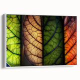 Framed canvas wall art featuring a vibrant floral and botanical design in various colors, displayed in a white frame from a side view, ideal for home decor.